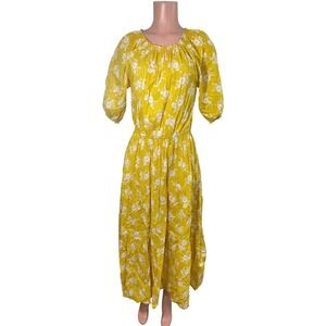 Soler London Fiona Mustard Yellow Floral Cotton Maxi Dress XS/S Tiered‎ Boho